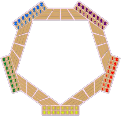 Tablero pentagonal del Ajedrez para Cinco Jugadores, diseñado para partidas dinámicas y estratégicas.