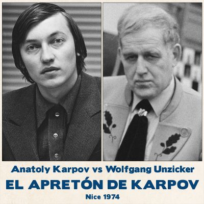 Tablero de ajedrez con la partida Karpov vs Unzicker en Niza, 1974