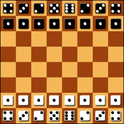 Tablero de ajedrez con dados representando las piezas del juego.