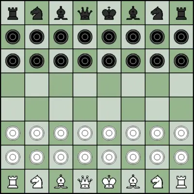Tablero del juego Shabel con piezas híbridas de damas y ajedrez.