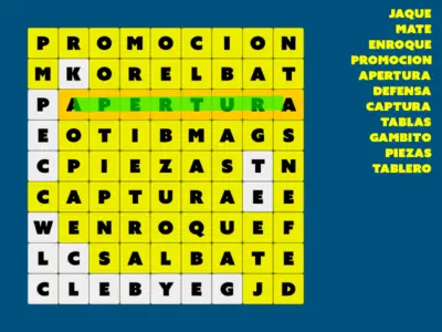 Sopa de letras de ajedrez con términos clave del juego