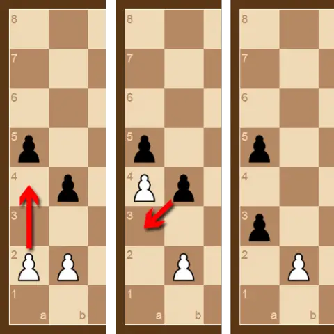 En la captura al paso el Peón negro se mueve a la casilla a la que el Peón blanco habría llegado si solo se hubiera movido una casilla, ataca al Peón y lo captura al paso. Tal movimiento es facultativo y se puede realizar solo en la siguiente movida.