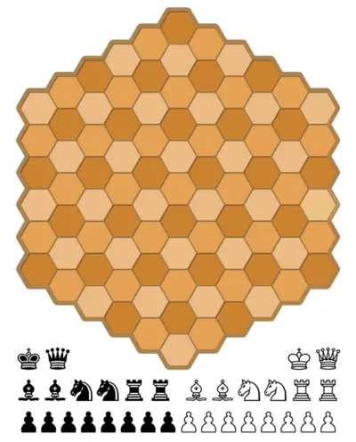 Tablero y piezas de ajedrez hexagonal para imprimir en PDF