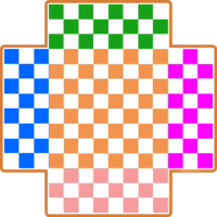 Tablero de ajedrez a cruz para 4 jugadores con campos de diferentes colores para imprimir