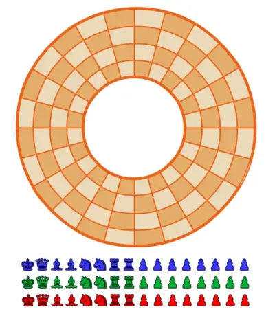 Juego de ajedrez circular de 3 jugadores para imprimir