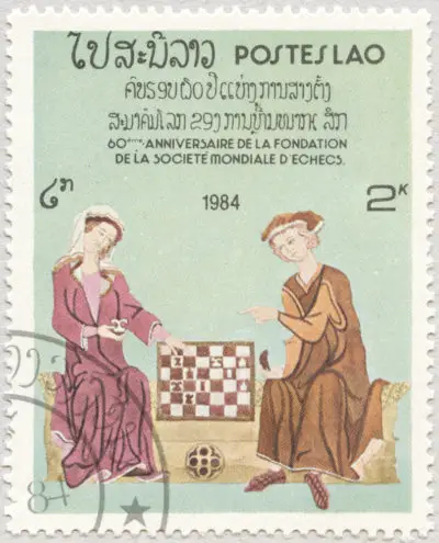 Estampilla: 60° Aniversario de la Fundación de la Sociedad Mundial de Ajedrez. 2k. Laos 1984.