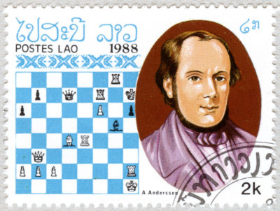 Estampilla: Adolf Anderssen. Laos 1988.