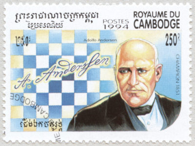 Estampilla: Adolfo Andersen. Campeón del Mundo de Ajedrez en 1851. Reino de Camboya 1994.