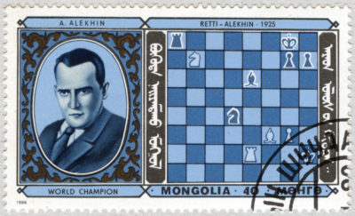 Estampilla: Alexander Alekhine. Retti - Alekin 1925. Mongolia 1986.