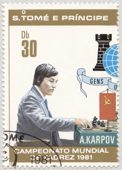 Estampilla: Anatoli Karpov. Campeonato Mundial de Ajedrez 1981. Santo Tomé y Príncipe 1981.