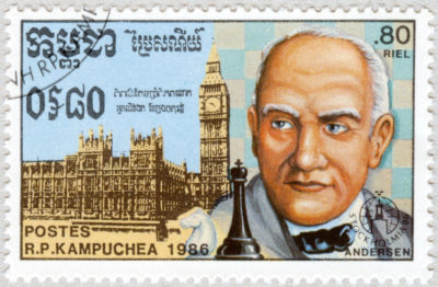 Estampilla: Adolf Anderssen. El Parlamento de Londres. Stockholmia 86. República Popular de Kampuchea 1986.