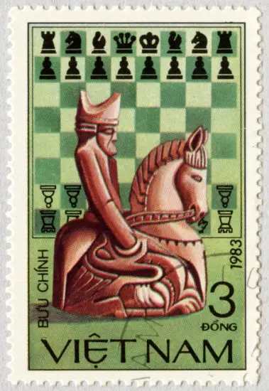 Estampilla: Imágen dedicada al Ajedrez. Caballo. Vietnam 1983.
