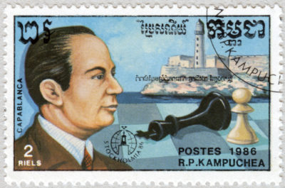 Estampilla: José Raúl Capablanca. Castillo El Morro, Cuba. Stockholmia 86. República Popular de Kampuchea 1986.