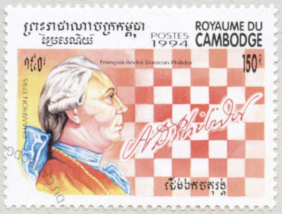 Estampilla: François André Danican Philidor. Campeón del Mundo de Ajedrez en 1795. Reino de Camboya 1994.