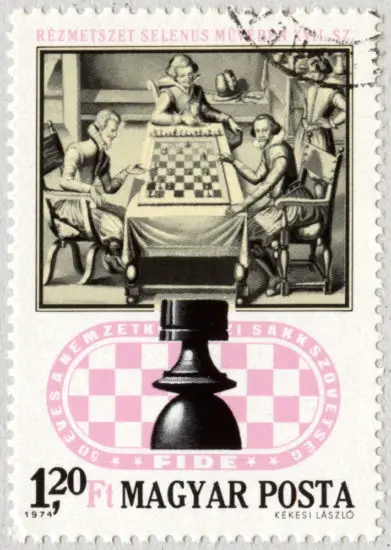 Estampilla: Grabado en cobre del libro de Selenus (siglo XVII). La Torre. 50 años de la Asociación Internacional de Ajedrez - XXI Juegos Olímpicos de ajedrez. Hungría 1974.