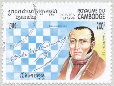 Estampilla: Labourdonnais. Campeón del Mundo de Ajedrez en 1821. Reino de Camboya 1994.