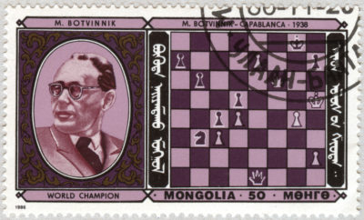 Estampilla: Mijail Botvinnik. Botvinnik - Capablanca 1938. Mongolia 1986.