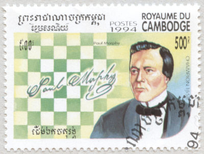 Estampilla: Paul Morphy. Campeón del Mundo de Ajedrez en 1858. Reino de Camboya 1994.
