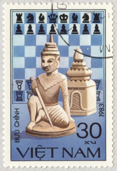 Estampilla: Imágen dedicada al Ajedrez. Peón y Torre. Vietnam 1983.
