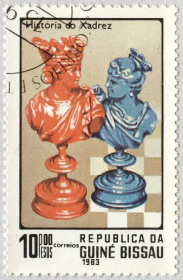 Estampilla: Historia del Ajedrez. Rey y Reina. República de Guinea Bissau 1983.