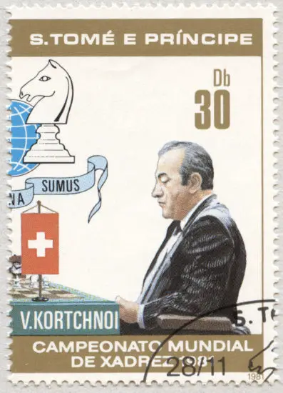 Estampilla: Viktor Korchnoi. Campeonato Mundial de Ajedrez 1981. Santo Tomé y Príncipe 1981.