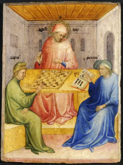 San Agustín y Alypius reciben la visita de Ponticianus. Nicolo di Pietro. 1413.