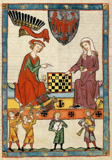 El rey Otto IV de Brandeburgo jugando al ajedrez con una mujer. Maestro del Codex Manesse. 1305-1340.