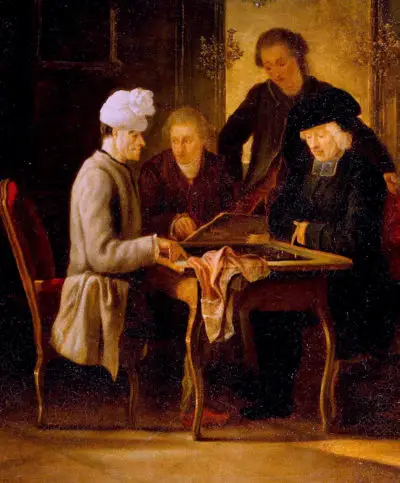 Voltaire jugando al ajedrez con el padre Adam. Jean Huber. 1770/1775.