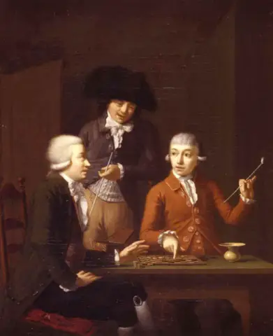 Una mesa con tres hombres jugando Damas - Dirk Jacobs Ploegsma - 1790