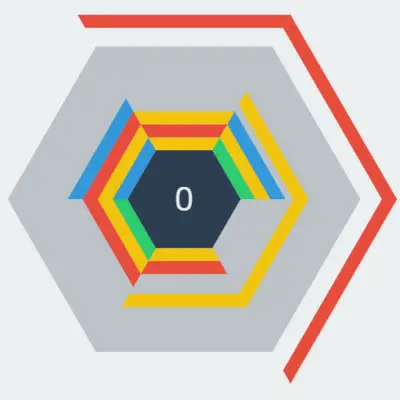 Vista del juego Hextris con bloques de colores organizados en un hexágono dinámico.