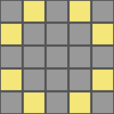 Tablero del juego Apagar las Luces con casillas amarillas iluminadas y apagadas.